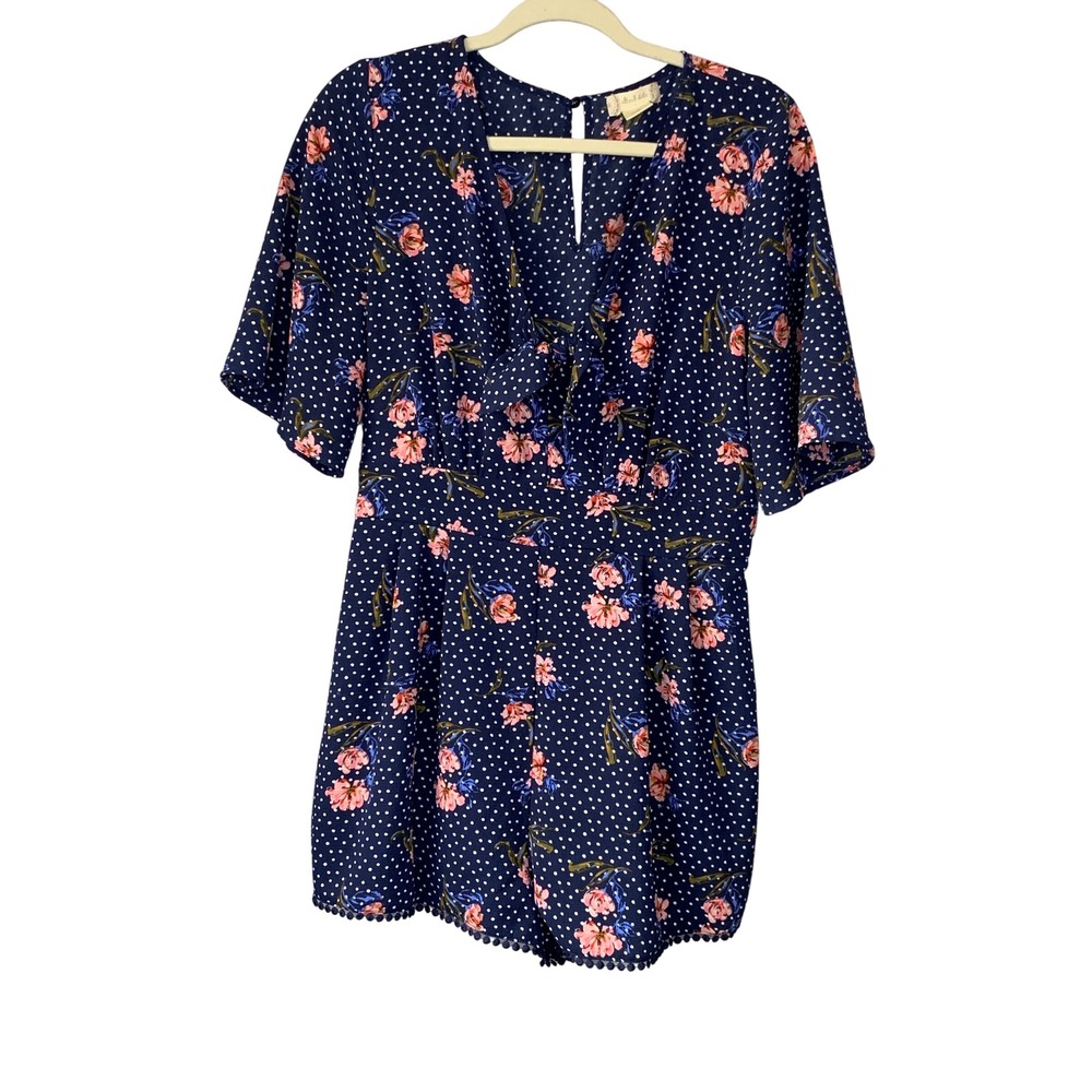 Altar'd State Floral Polka Dot Romper Large Short Sleeve‎ Tie Front Size L